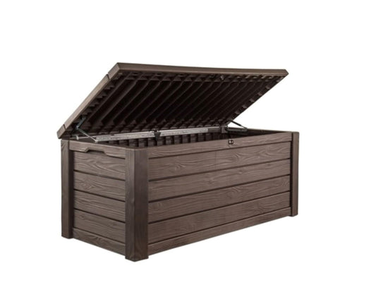 Keter Westwood 150 Gallon Deck Box Organizer, Doubles as 2-Person Bench Seat, Brown – Large Resin Outdoor Storage and Seating with Lockable Lid for Garden, Pool, and Patio