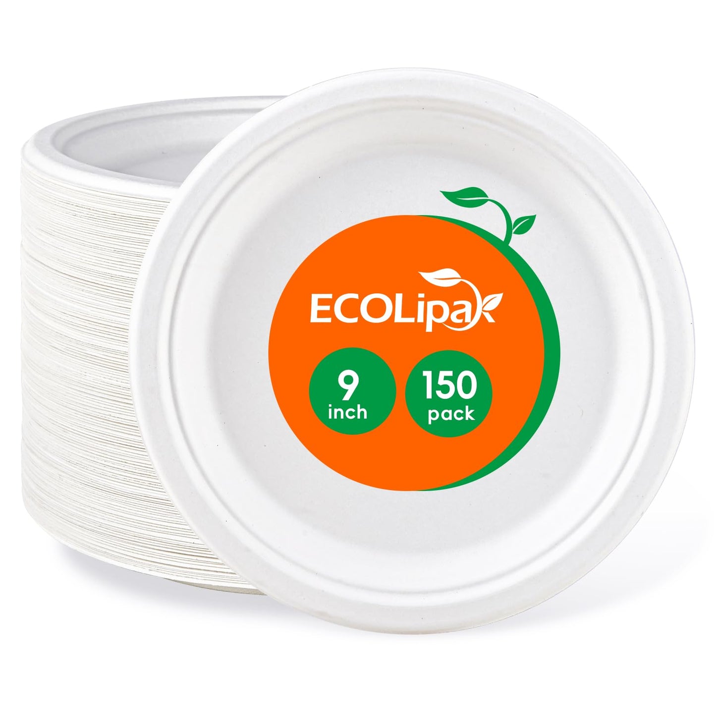 ECOLipak 100% Compostable 10 Inch Heavy Duty Paper Plates, 150 Pack Disposable Biodegradable Eco-friendly Sugarcane Bagasse Plates for Dinner Party(White)