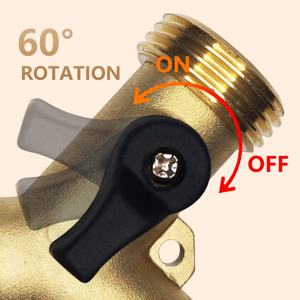 HQMPC Garden Hose Y Valve Hose Splitter Brass Hose Splitter With Stainless Steel Long Handle Brass Y Valve Water Garden Hose Adapter 2 Way Y Valve 3/4" GHT Thread