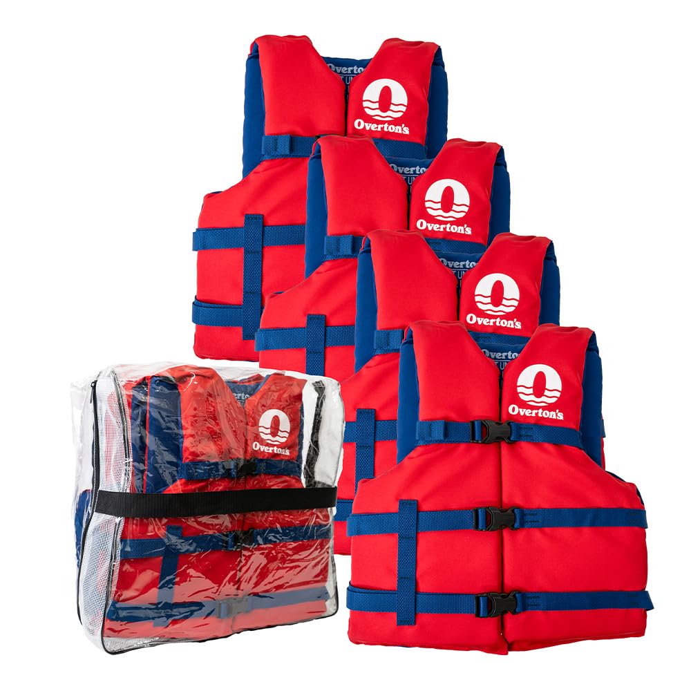 Overton's Universal Adult Life Jacket - Pack of 4, Nylon Shell with Closed-Cell Foam, Open Sides and Sturdy Belts, USCG Approved Type III, Fits Chest Sizes 30" to 52", Includes Zippered Storage Bag