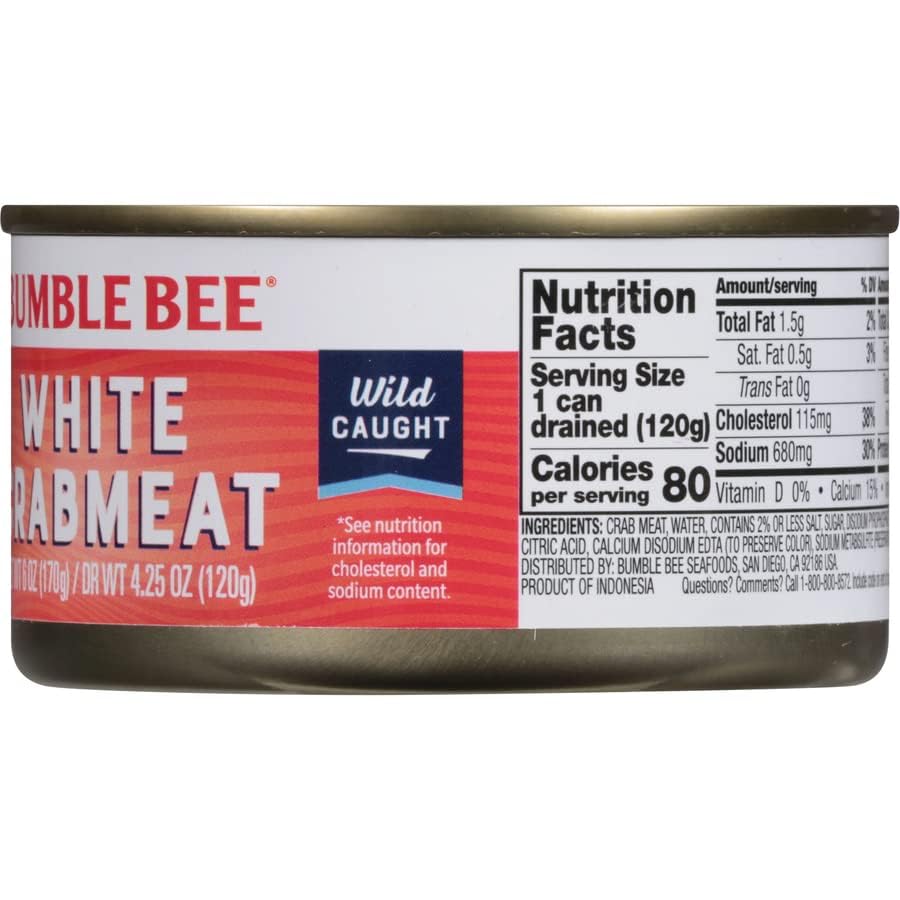Bumble Bee White Flake Crab Meat in Water, 6 oz Can - 16g Protein & 1g Carb Per Serving - Wild Caught, Flaky, Drain Before Use, 6 Ounce (Pack of 1)