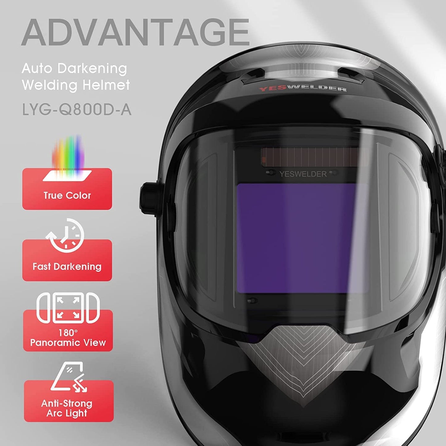 YESWELDER Large Viewing True Color Solar Powered Auto Darkening Welding Helmet with SIDE VIEW, 4 Arc Sensor Wide Shade 4/5-9/9-13 Welder Mask for TIG MIG ARC Grinding Plasma LYG-Q800D