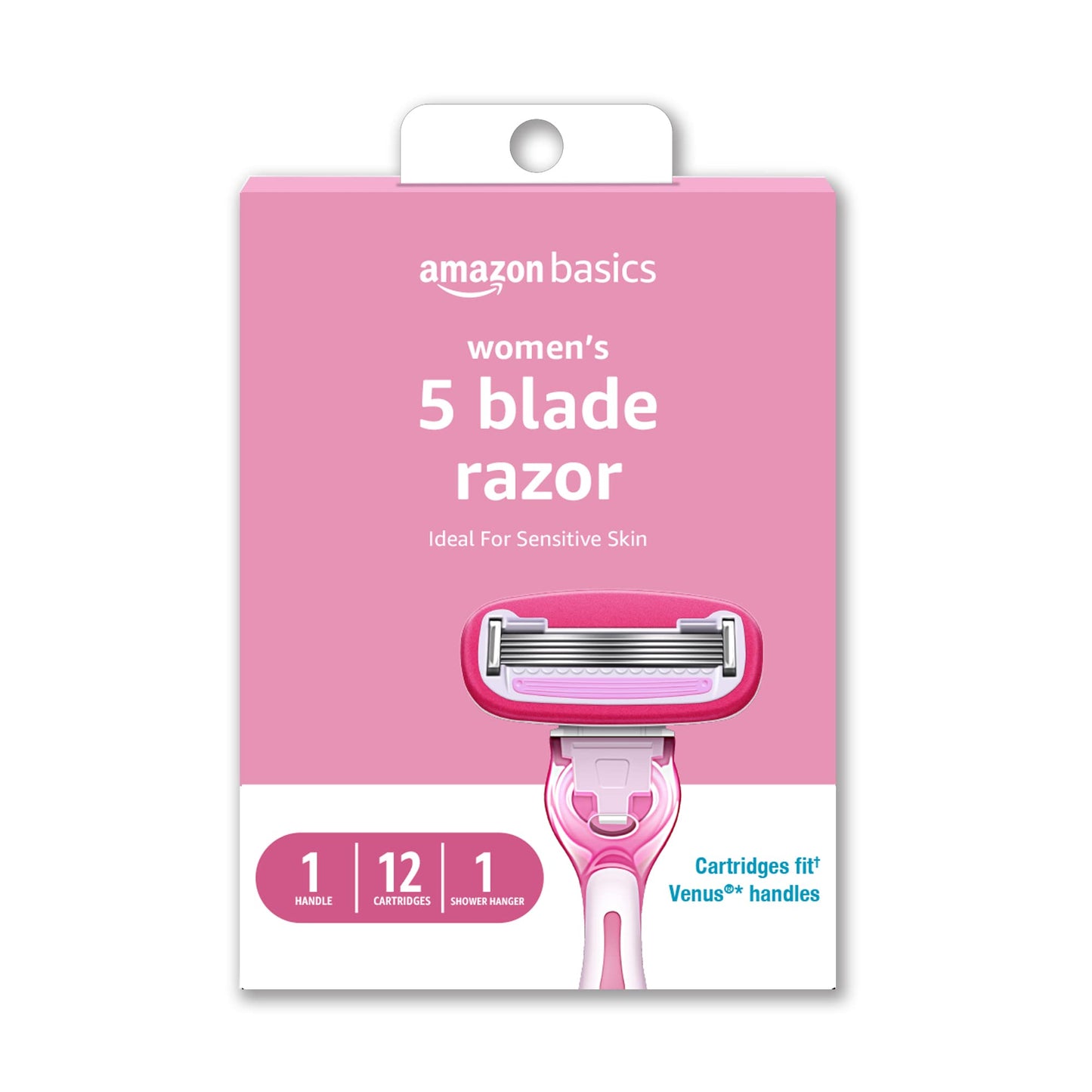 Amazon Basics Women's 5-Blade Razor for Smooth, Close Shave, FITS Amazon Basics Handle and Venus Handles, Ideal for Sensitive Skin, Includes 1 Handle, 12 Cartridges & 1 Shower Holder