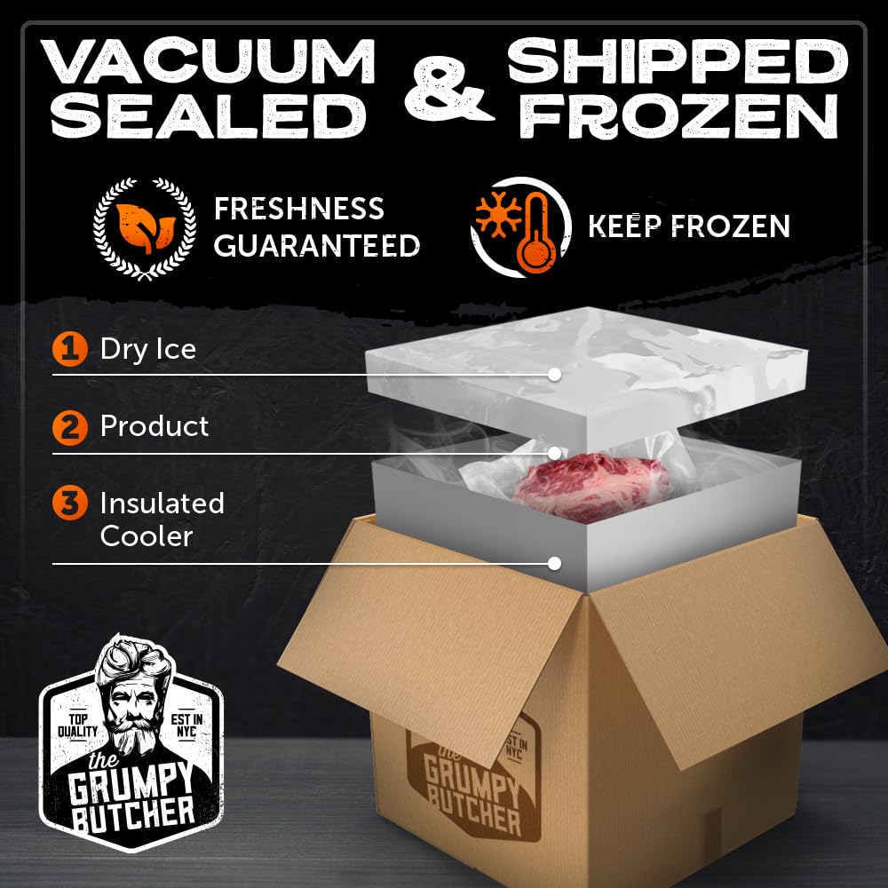Grumpy Butcher Box Meat Food Gifts: 2 Top Sirloins Steaks (6 oz), 2 Duroc Bone in Pork Chops (14 oz) & 2 Cheese Stuffed Chicken Breasts Wrapped in Bacon (8 oz) - Gourmet Gift Basket for Men