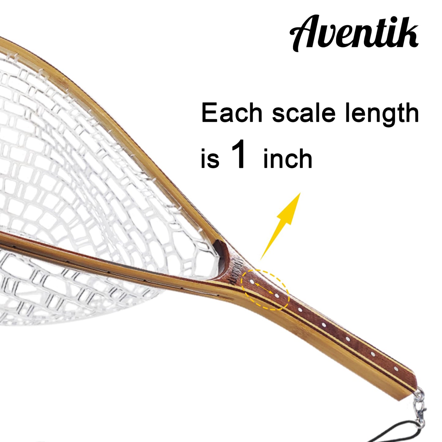 Aventik Fly Fishing Landing Net Trout Fishing Wooden with Measuring Mark Soft Rubber Net Bag Catch & Release