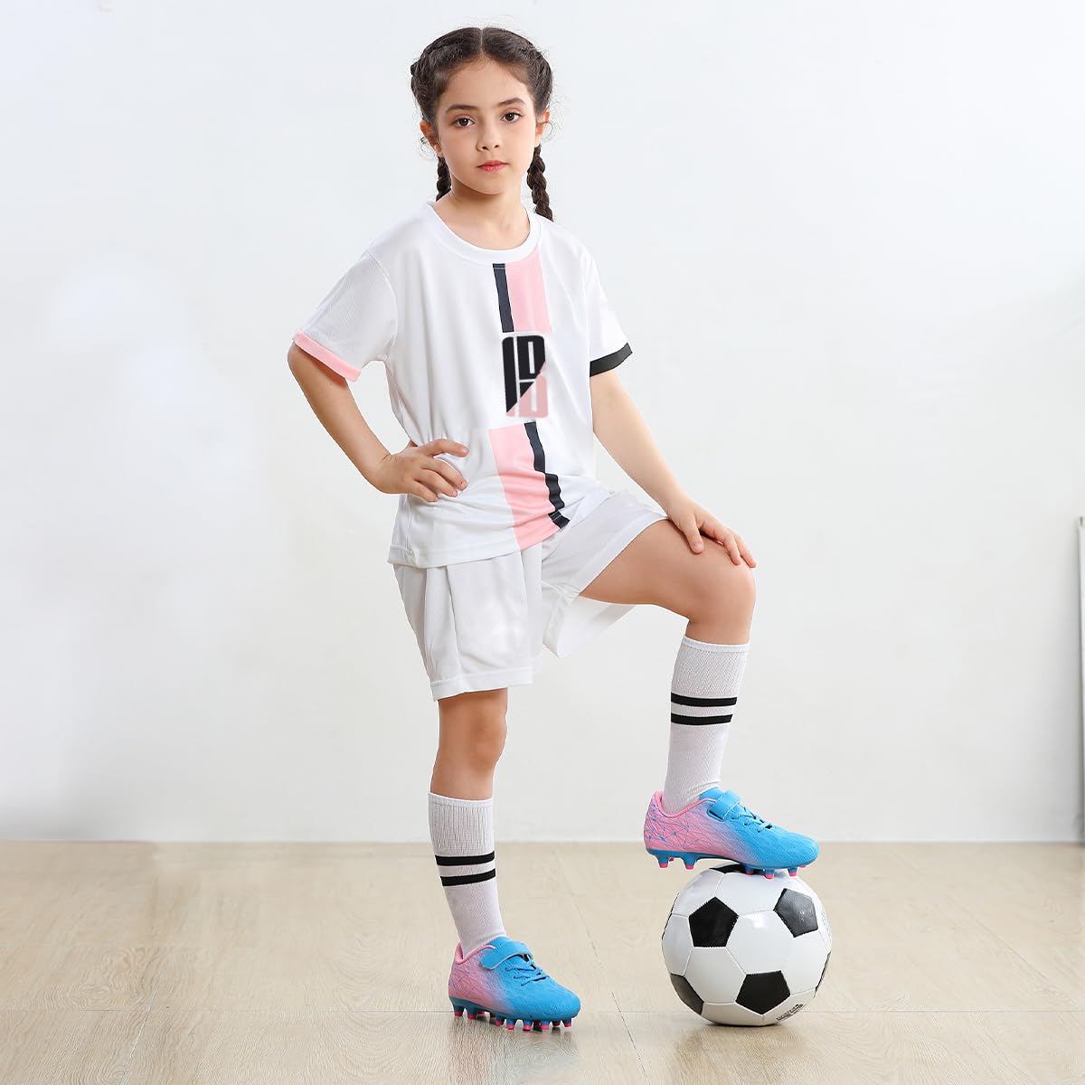 brooman Kids Firm Ground Soccer Cleats Boys Girls Athletic Outdoor Football Shoes (8,Blue Pink)