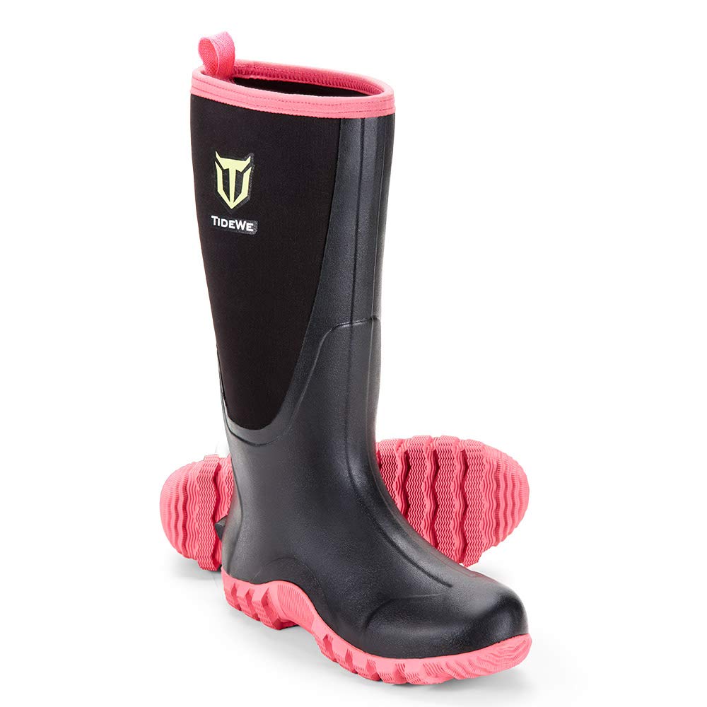 TIDEWE Rubber Boots for Women Multi-Season, Waterproof Rain Boots with Steel Shank, 6mm Neoprene Durable Rubber Outdoor Hunting Boots (Pink & Green)