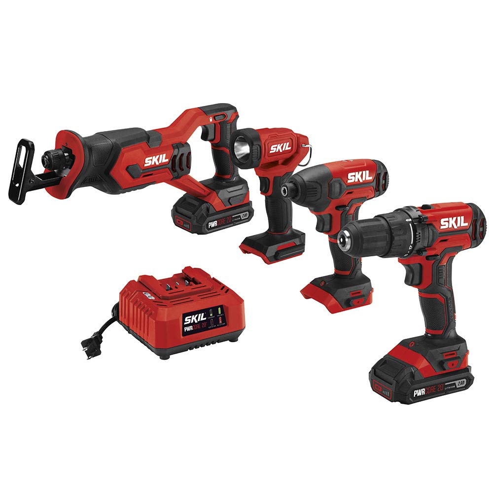 SKIL 20V 4-Tool Combo Kit: 20V Cordless Drill Driver Reciprocating Saw, Circular Saw and Spotlight, Includes Two 2.0Ah PWR CORE Lithium Batteries and One Charger - CB739701,Black, Red