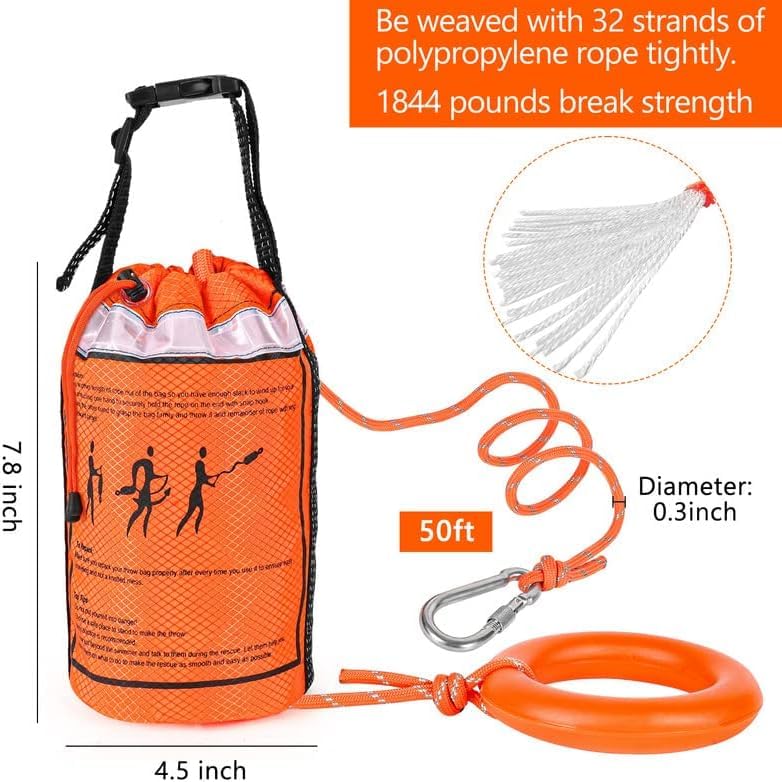 NTR Water Rescue Throw Bag with 50 Feet of Rope in 3/10 Inch Tensile Strength Rated to 1844lbs, Throwable Device for Kayaking and Rafting, Safety Equipment for Raft and Boat