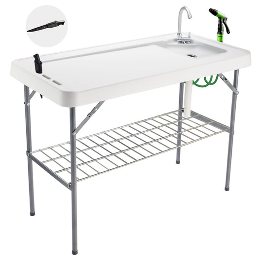 Folding Fish Cleaning Table Portable Camping Sink with Faucet Drainage Hose & Sprayer Outdoor Fillet Station Grid Rack Knife Groove for Picnic Fishing, Black