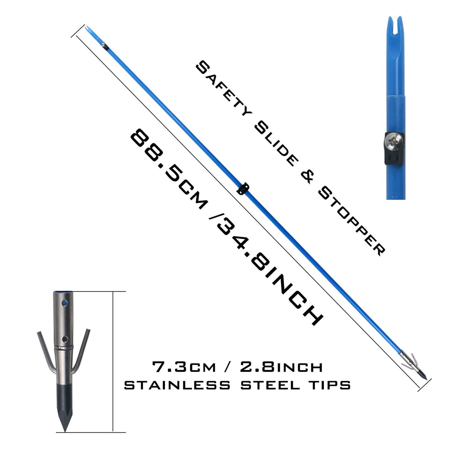 34inch Bowfishing Arrows Solid Fiberglass Shaft with Broadhead for Compound Bow and Recurve Bow Fishing Arrow Archery and Hunting (Pack of 6)
