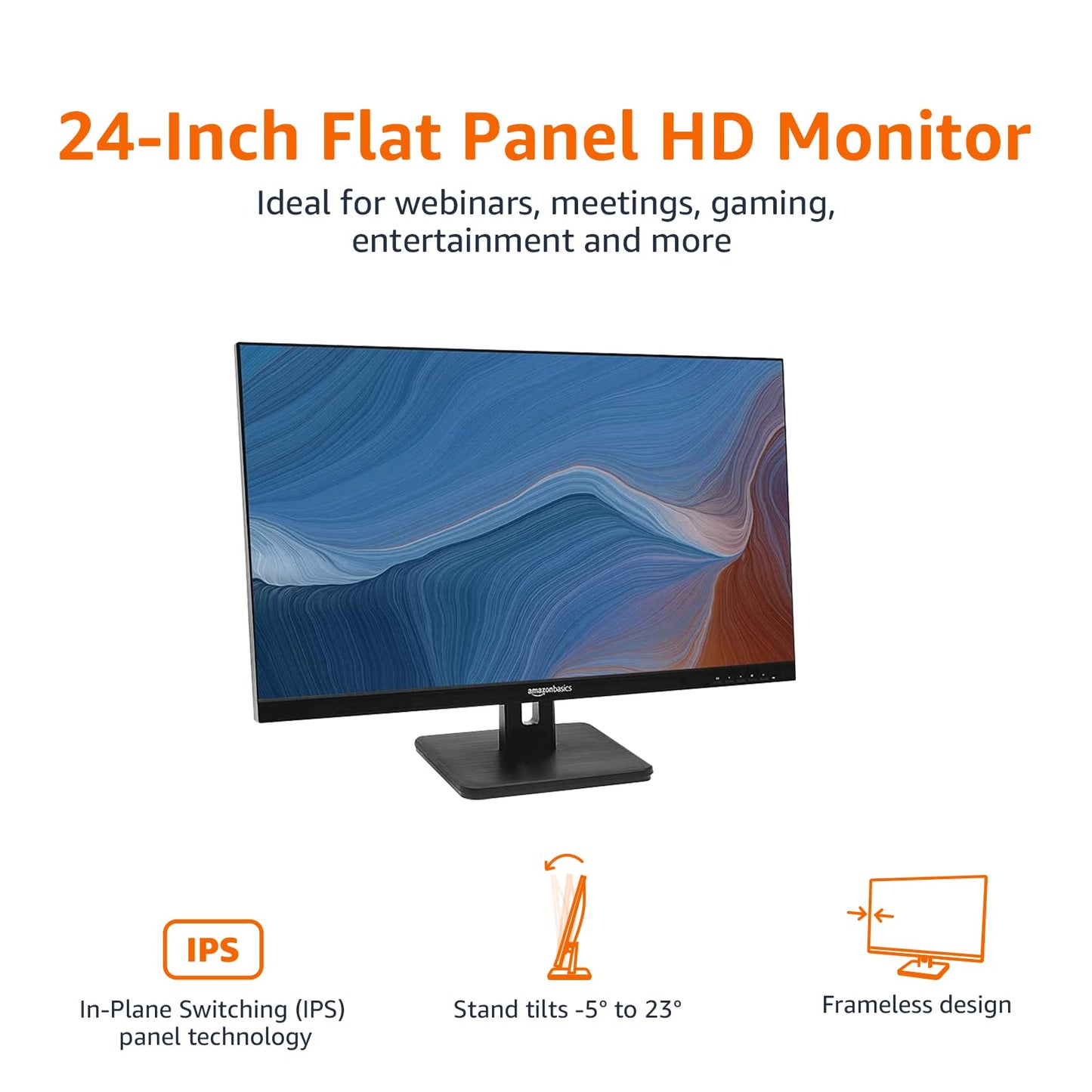 Amazon Basics 24-inch Full HD IPS Monitor, 75 Hz, 1080P, HDMI, Display Port and VGA Input, Adjustable Stand, VESA Compatible, Built-in Speakers for Office and Home, Black