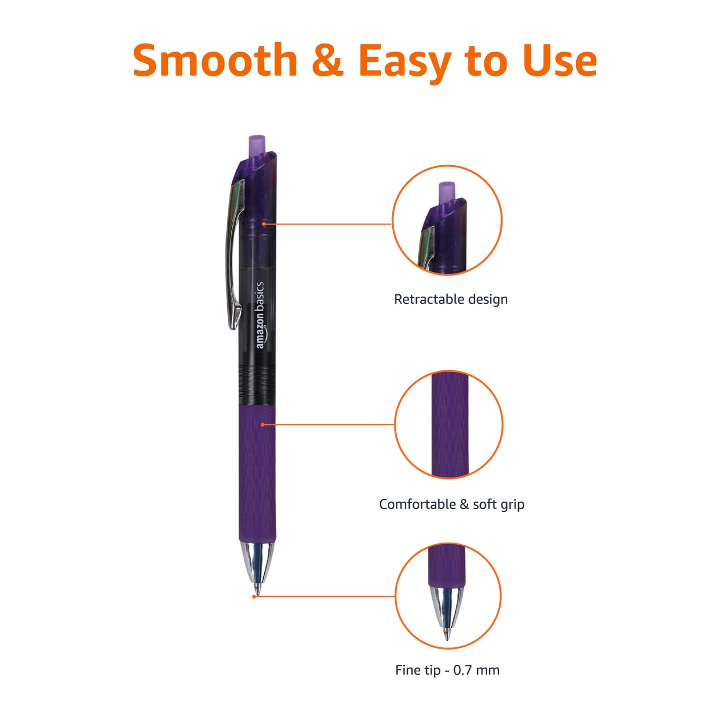 Amazon Basics Retractable Gel Pens, Fine Point 0.7mm, Smooth Writing, Assorted Colors, 12-Pack