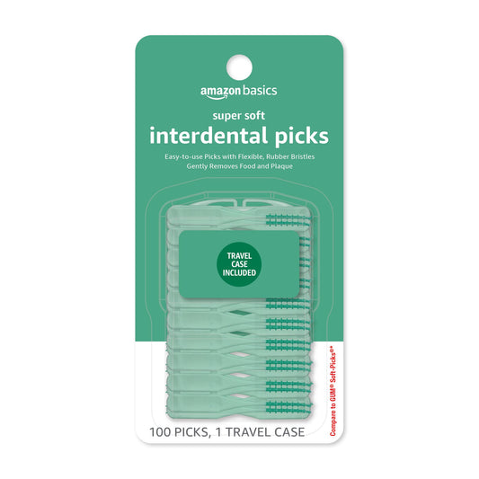 Amazon Basics Super Soft Interdental Picks for Plaque Remover and Teeth Cleaning, Easy to Use with Travel Case Included, 100 Count