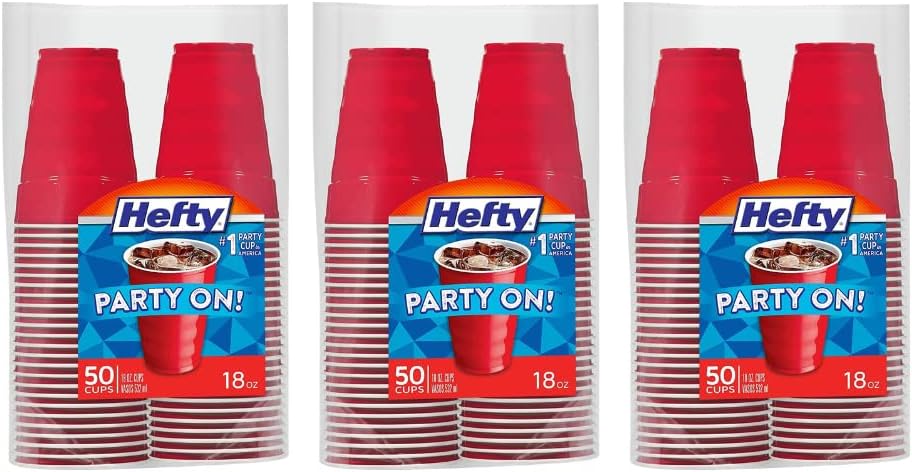 Hefty Party On Red Plastic Cups, Disposable Plastic Party Cups for Easy Cleanup and Large Gatherings, Red Cups for BBQs, Birthdays, Parties, and More, 18 Ounce, 50 Count