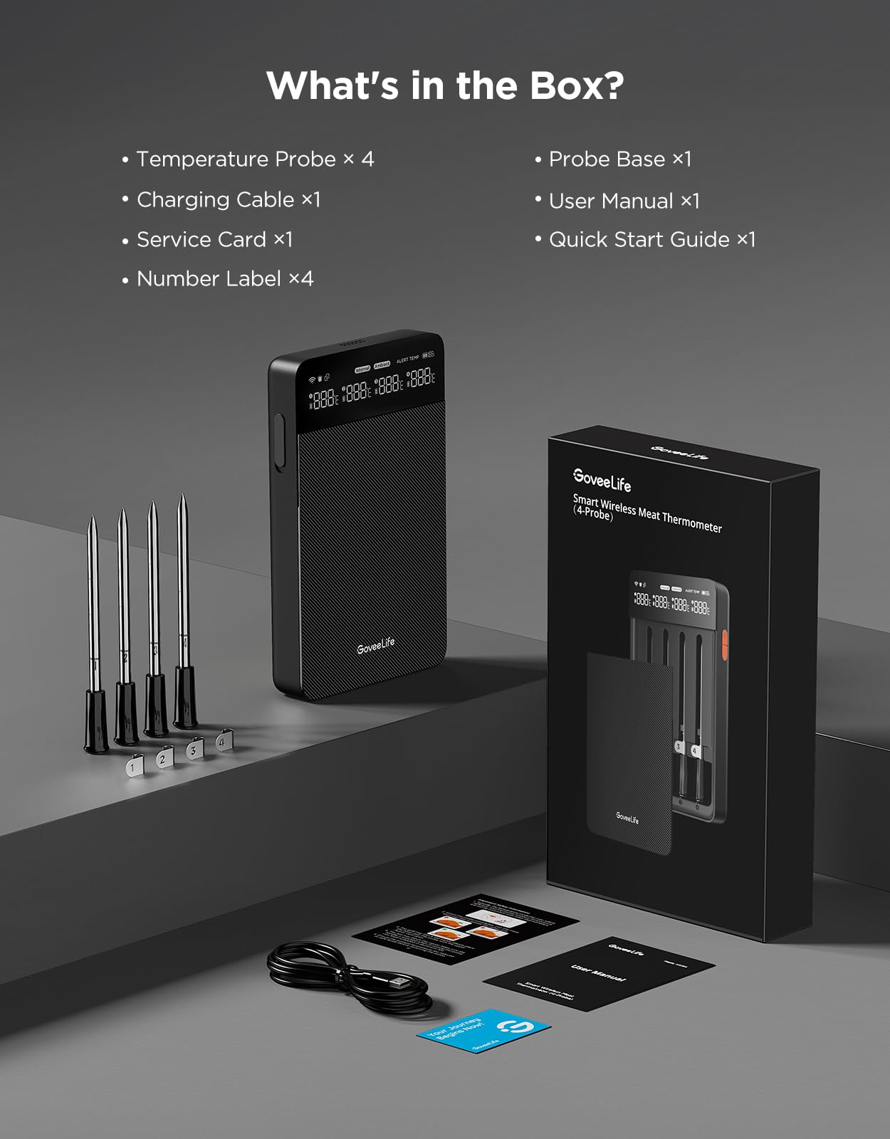 GoveeLife Bluetooth Wireless Meat Thermometer with 4 Probes, WiFi Unlimited Range, ±1.8℉ Accuracy, IP68 Waterproof Real Time Monitoring Digital Food Thermometer for Kitchen, BBQ, Grill, Oven, Smoker