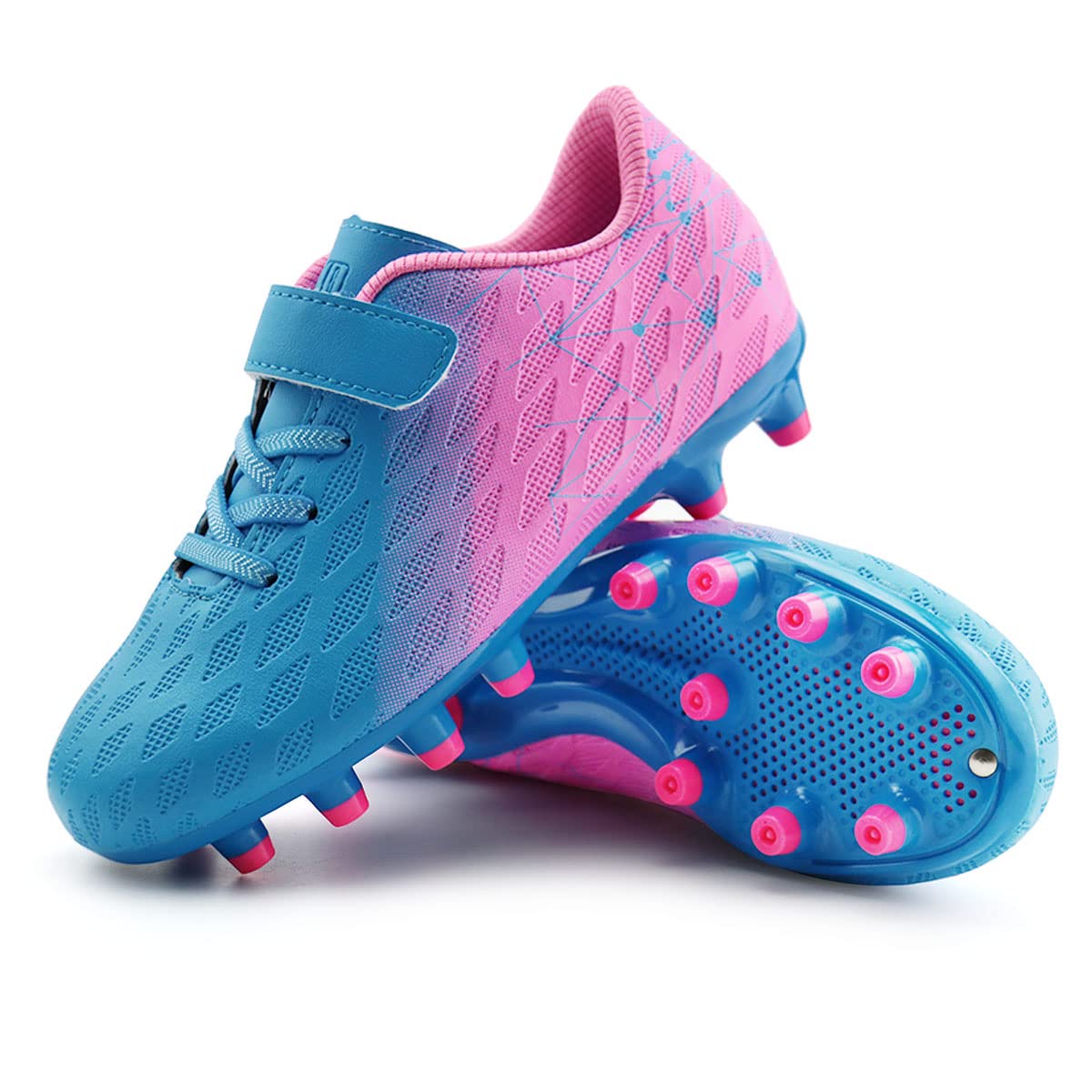 brooman Kids Firm Ground Soccer Cleats Boys Girls Athletic Outdoor Football Shoes (8,Blue Pink)