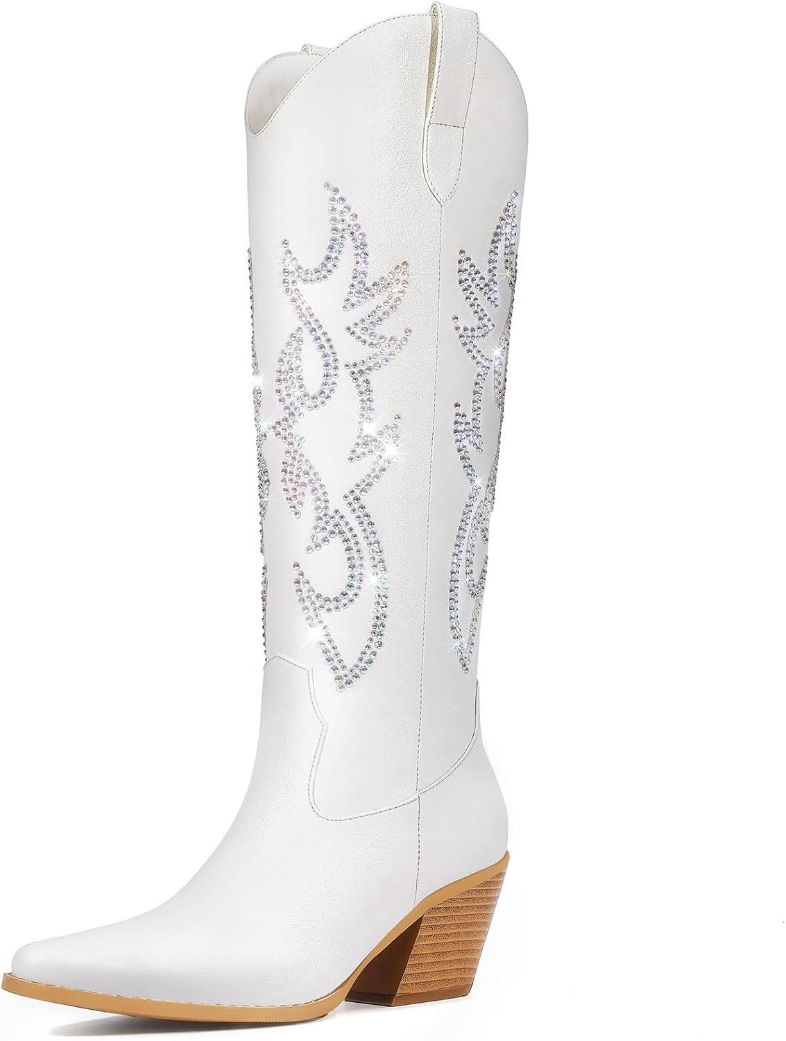 Pasuot Western Cowboy Boots for Women - Knee High Wide Calf Cowgirl Boots with Classic Embroidered, Slip On Pointed Toe Chunky Heel Fashion Retro Classic Pull On Tall Boot for Girls Ladies Fall Winter