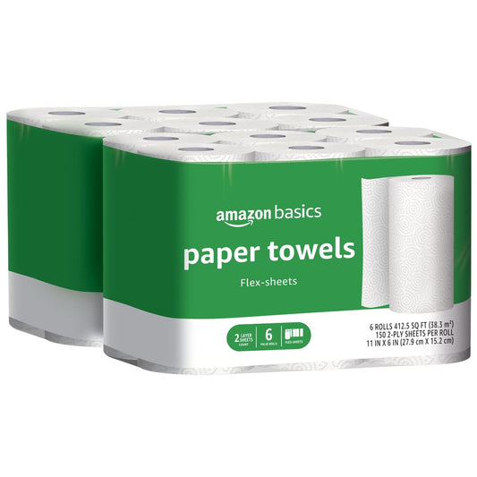 Amazon Basics 2-Ply Flex-Sheets Paper Towels, 6 Basics Rolls = 16 Regular Rolls, Everyday Value with 150 Sheets per Roll