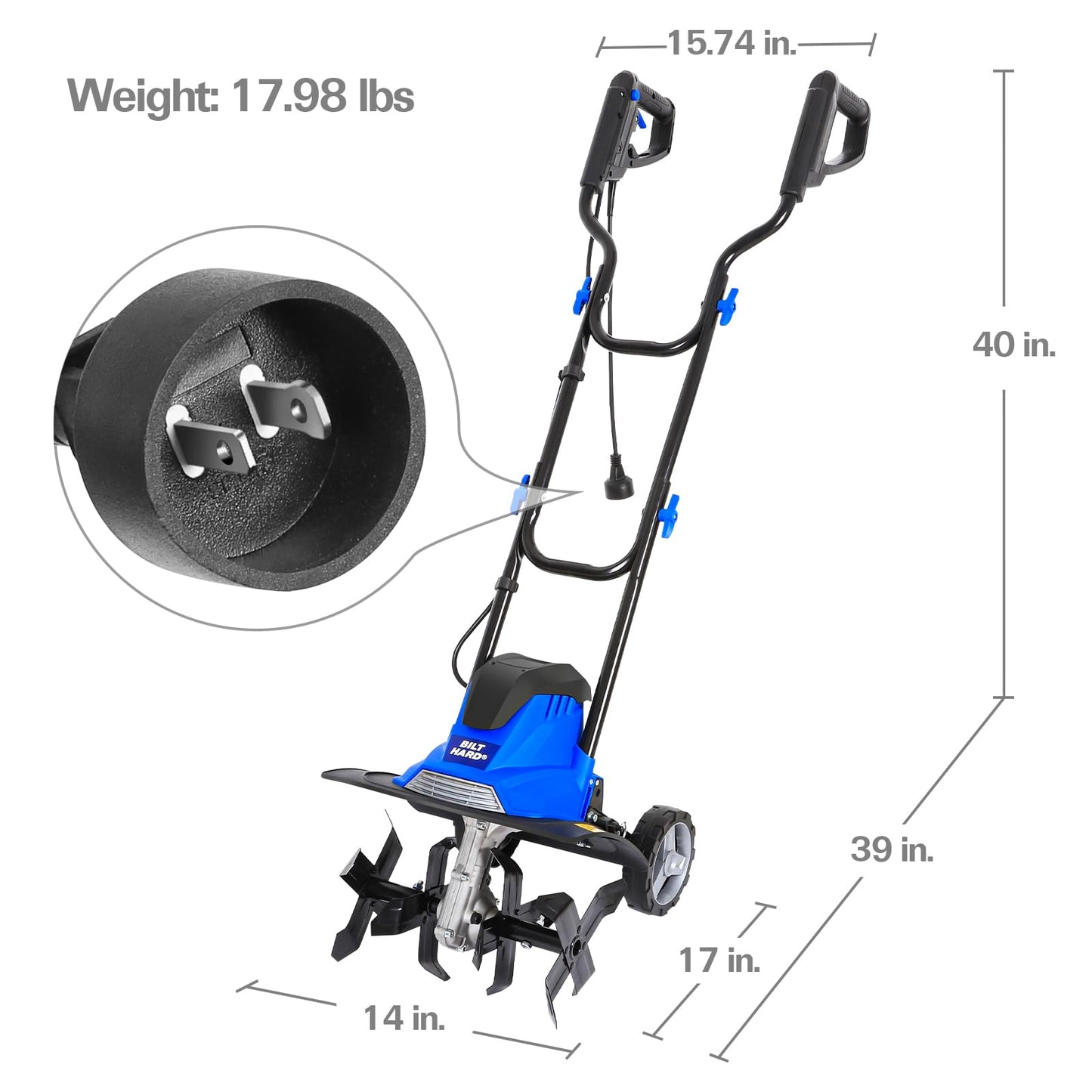 BILT HARD Tiller Cultivator 16 inch, 13.5 Amp 6 Steel Tines Tillers for Gardening Foldable, Electric Garden Rototiller with Adjustable Wheels