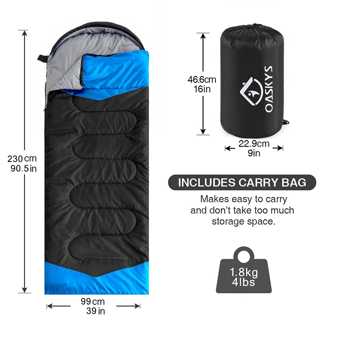 oaskys Camping Sleeping Bag - 3 Season Warm & Cool Weather - Summer Spring Fall Lightweight Waterproof for Adults Kids - Camping Gear Equipment, Traveling, and Outdoors