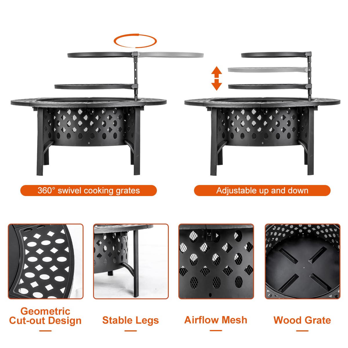 36 Inch Fire Pit with 2 Grills, Wood Burning Fire Pits for Outside with Lid, Poker and Round Waterproof Cover, BBQ& Outdoor Firepit & Round Metal Table 3 in 1 for Patio, Picnic, Party
