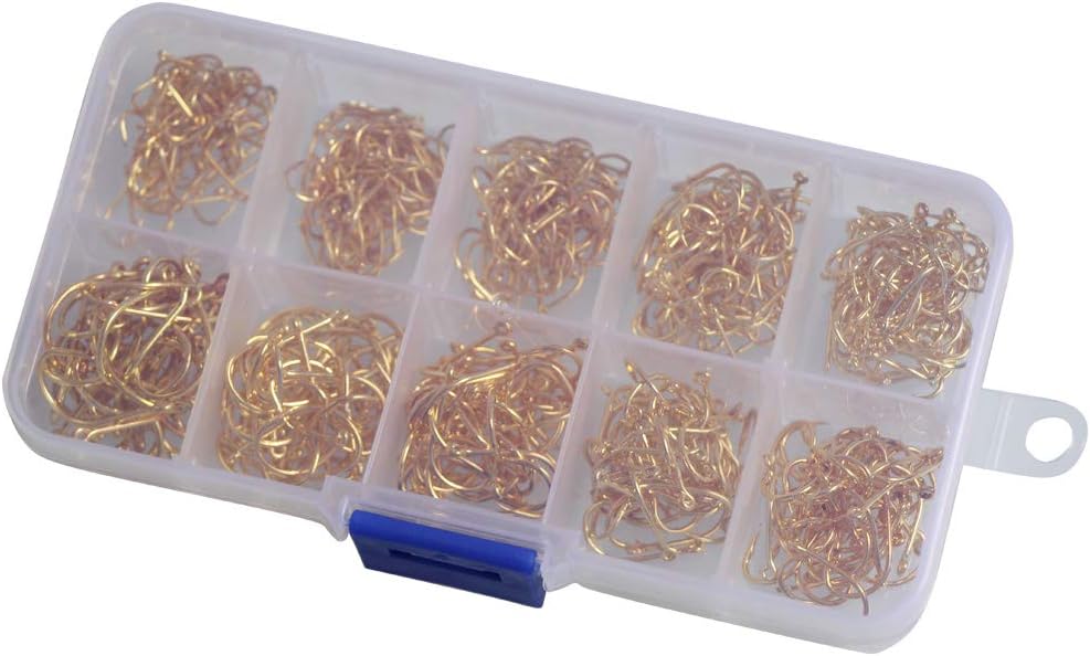 500pcs Small Fishing Hooks Black High Carbon Fishing Hooks Set 10 Sizes with a Plastic Box (500pcs Gold)