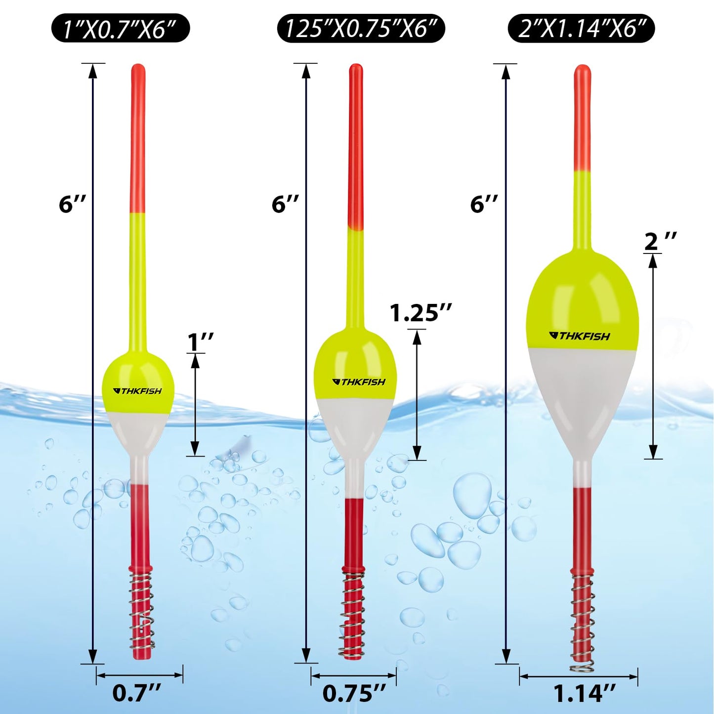 THKFISH Fishing Floats and Bobbers Balsa Wood Floats Spring Bobbers with Oval Slip Bobbers for Crappie Panfish Walleyes Fixed Bobber (1"X0.7"X6") (1.25"X0.75"X6") (2"X1.14"X5.86") 5pcs