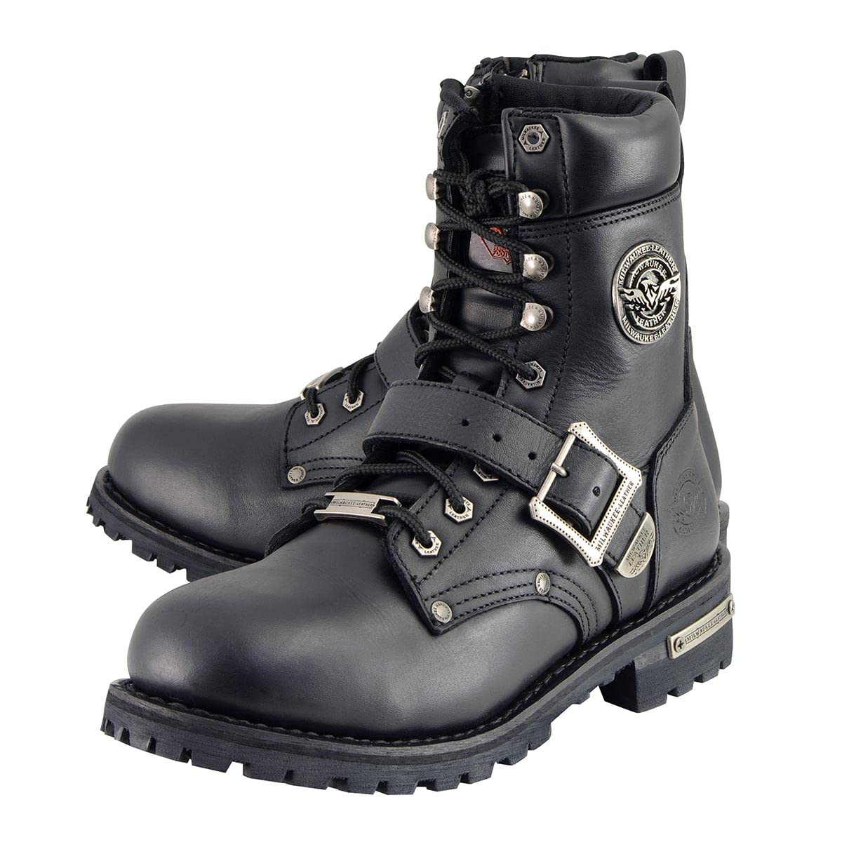 Milwaukee Leather Men's Black Leather Lace-Up Engineer Motorcycle Boots w/Buckles and Side Zipper MBM101-9