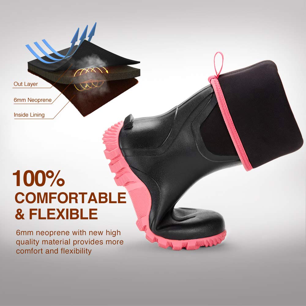 TIDEWE Rubber Boots for Women Multi-Season, Waterproof Rain Boots with Steel Shank, 6mm Neoprene Durable Rubber Outdoor Hunting Boots (Pink & Green)