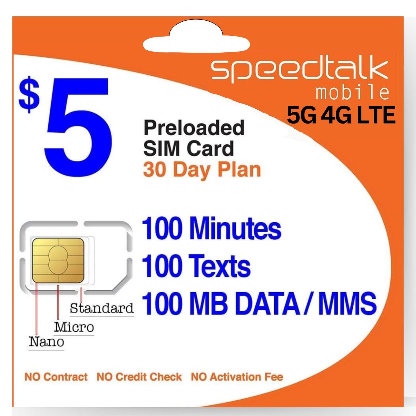 SpeedTalk Mobile $5 Prepaid Wireless Pay Go Plan for Smartphones & Cellphones | 5G 4G LTE | 100 Talk, 100 Text, 100 MB Data |Triple Cut (Mini,Micro,Nano) Sim Card | No Contract | 30-Day Service
