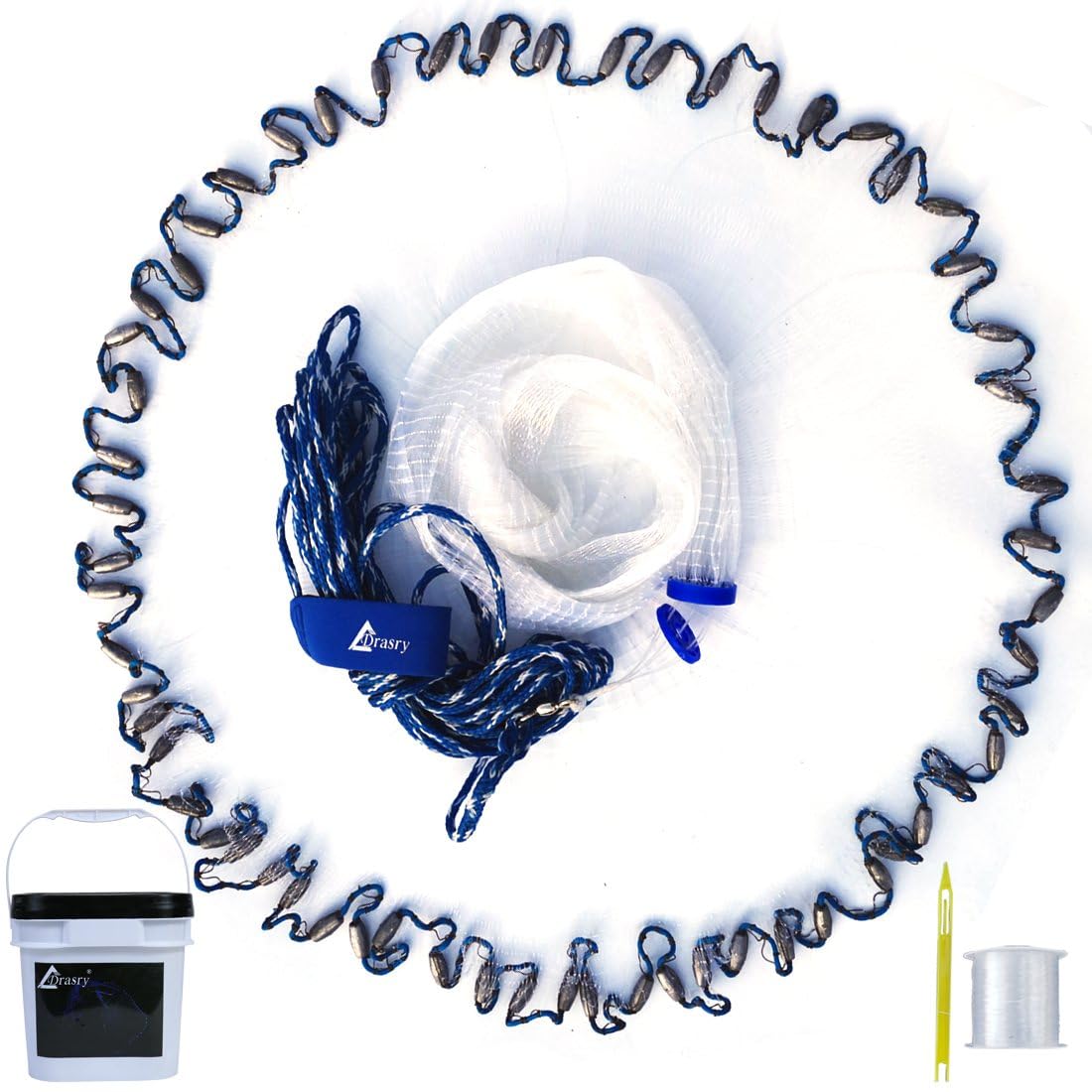 Drasry Saltwater Fishing Cast Net for Bait Trap with Heavy Sinkers Fish Throw Net. Size 3ft/4ft/5ft/6ft/7ft/8ft/9ft/10ft Radius Freshwater Nets