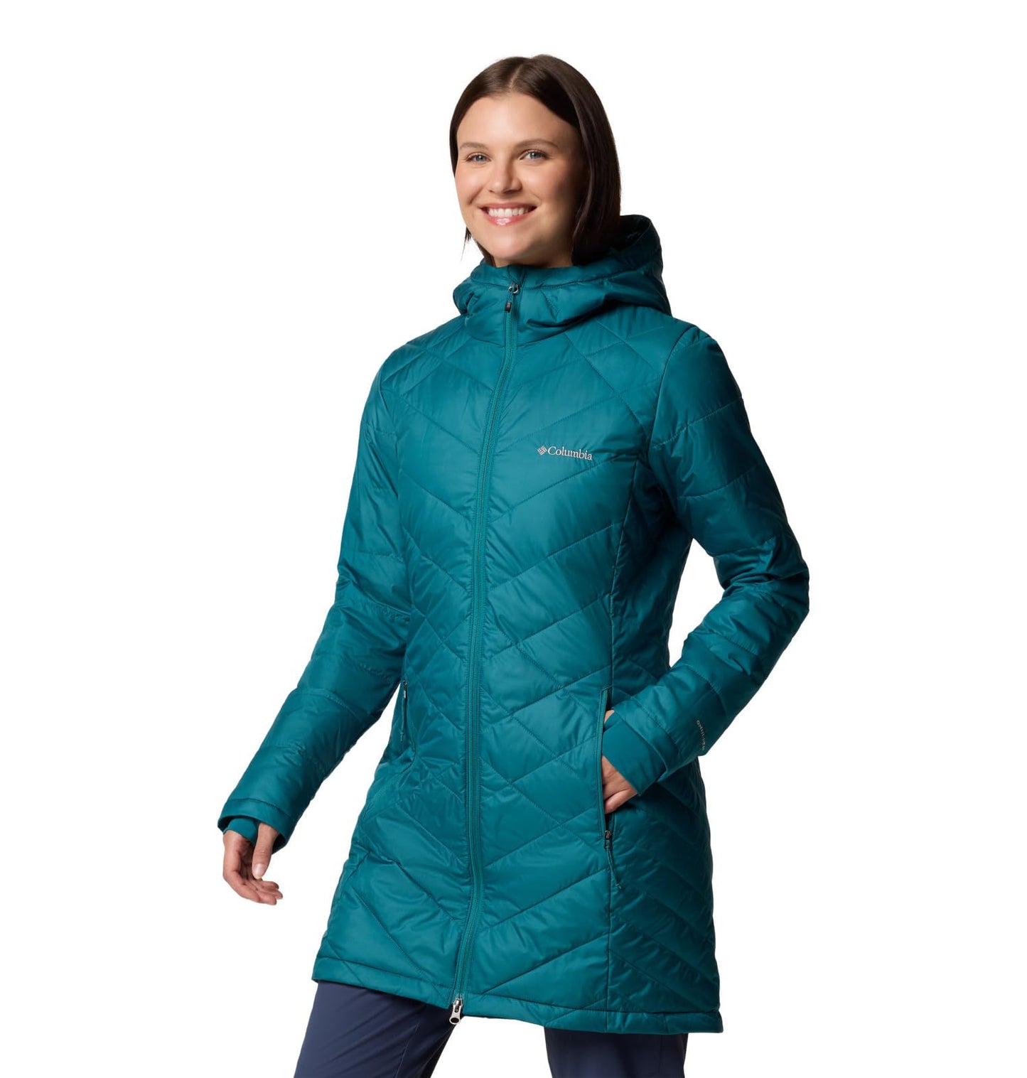 Columbia Womens Heavenly Long Hooded Puffer Jacket, River Blue, X-Small
