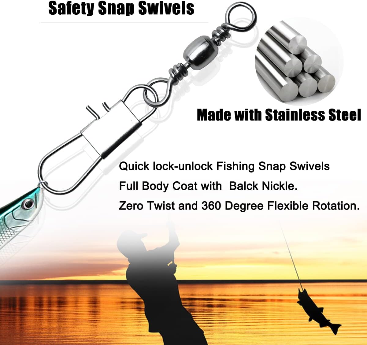 50/250pcs Fishing Barrel Swivels with Safety Snaps Swivel Stainless Steel High Strength Interlock Snap Swivels Rolling Connector Black Nickel Solid Ring Freshwater Fishing Tackles Accessories