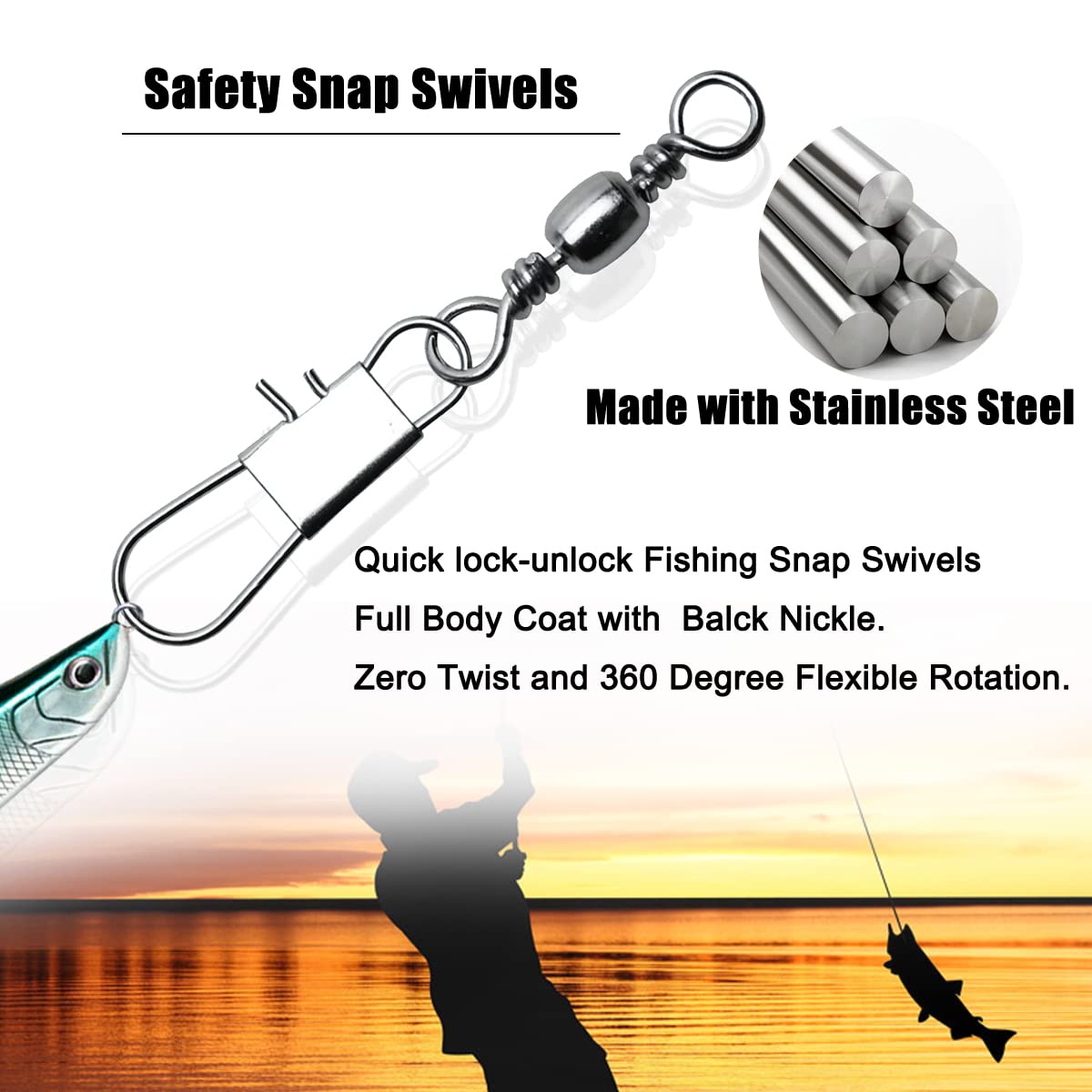 50/250pcs Fishing Barrel Swivels with Safety Snaps Swivel Stainless Steel High Strength Interlock Snap Swivels Rolling Connector Black Nickel Solid Ring Freshwater Fishing Tackles Accessories