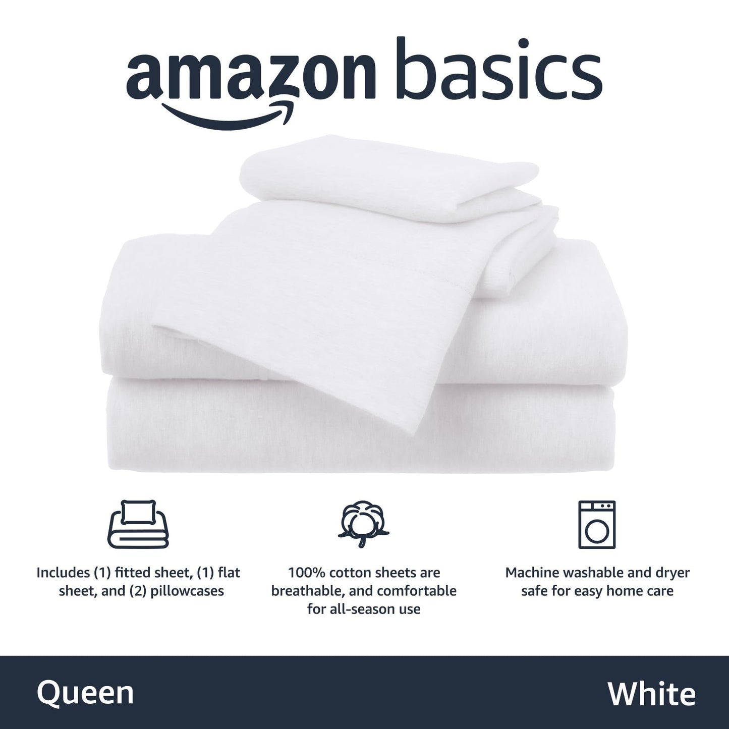 Amazon Basics 4 Piece Comfortable Cotton Jersey Bed Sheet Set, Includes Soft Flat and Fitted Sheets, Pillowcase, Queen, White, Solid