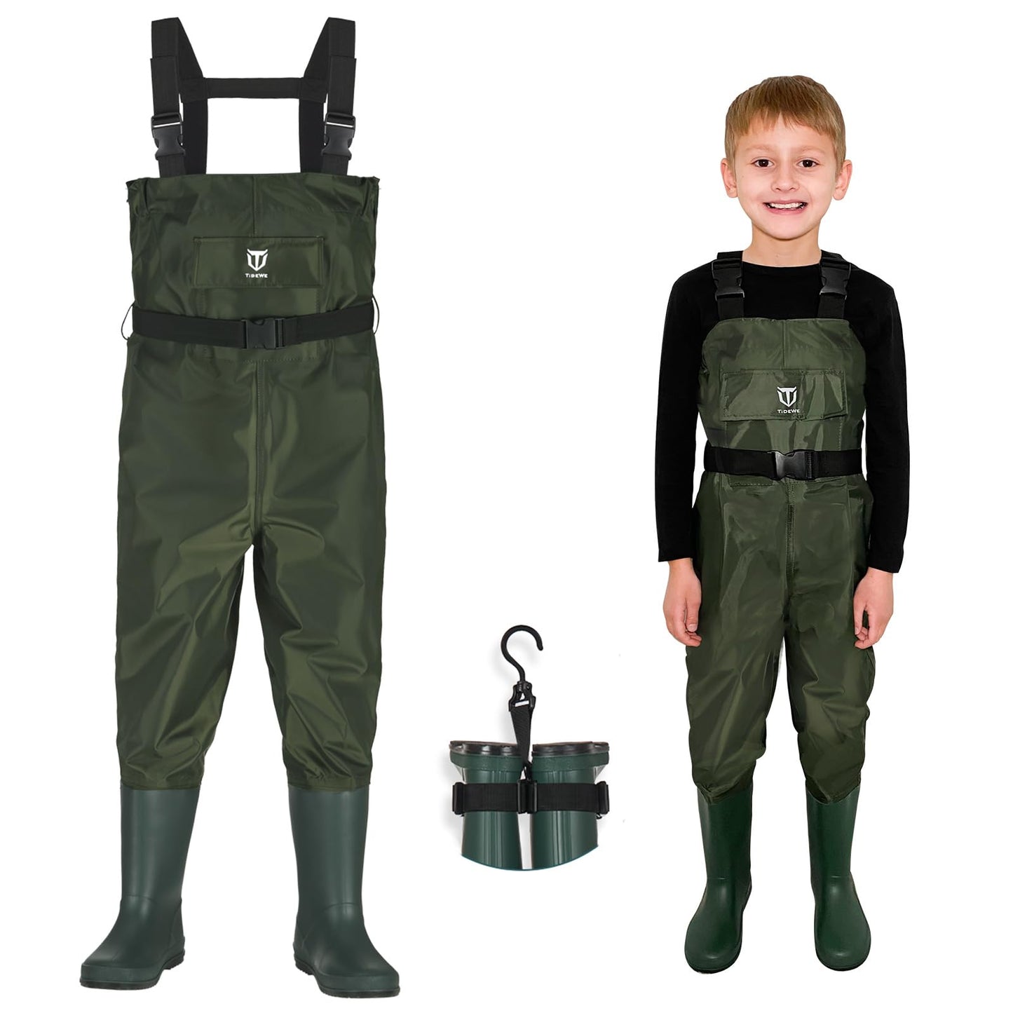 TIDEWE Chest Waders for Kids, Waterproof Youth Waders with Boot Hanger, Lightweight PVC Kids Chest Waders with Boot for Fishing & Hunting (Size 8/9 Big Kid)