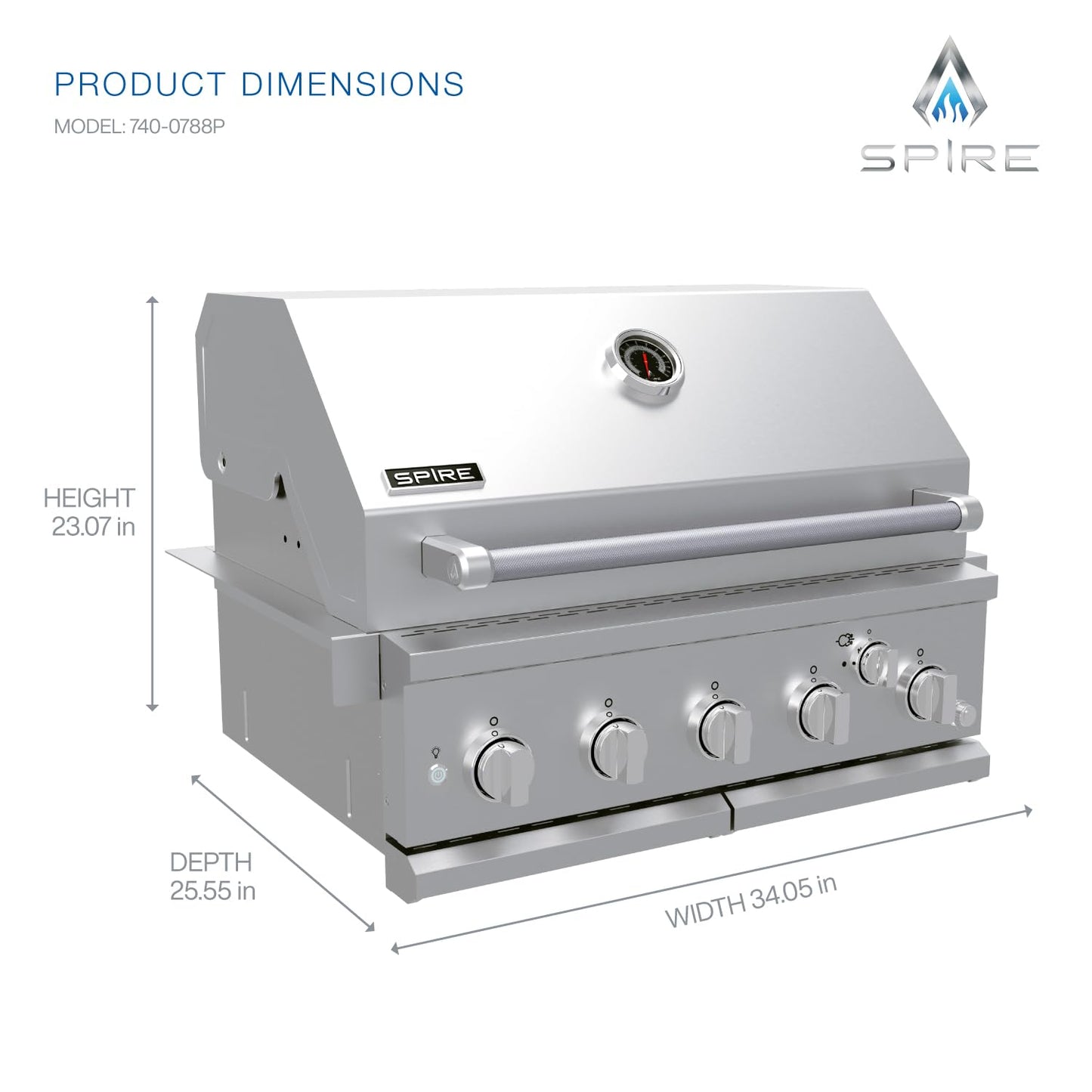 Spire Premium 5 Burner Built In Gas Grill Island Head, Stainless Steel 30 Inch Propane Grill with Rear Burner, 63,000 BTUs, 750 SQ In Racks, Dual Fuel Compatibility - 740-0788P