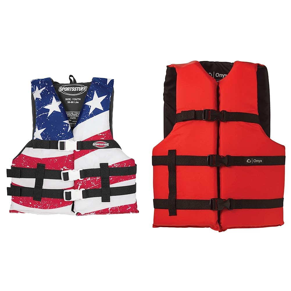 Sportstuff Type III Life Jacket US Coast Guard Approved Open Sides with 3 Body Belts & Buckles Quick Dry Fabric, Secure Fit, Comfortable Stars & Stripes
