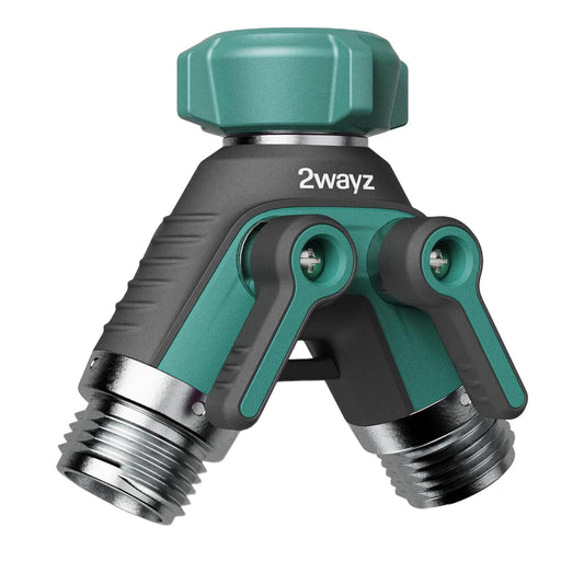 Hose Splitter 2 Way Heavy Duty - 2WAYZ Outdoor Faucet and Garden Hose Splitters - Durable Water Spigot Splitter Y Adapter - All-Metal Water Pipe Connector with Shut-Off Valve - 4" x 4" x 1.5"