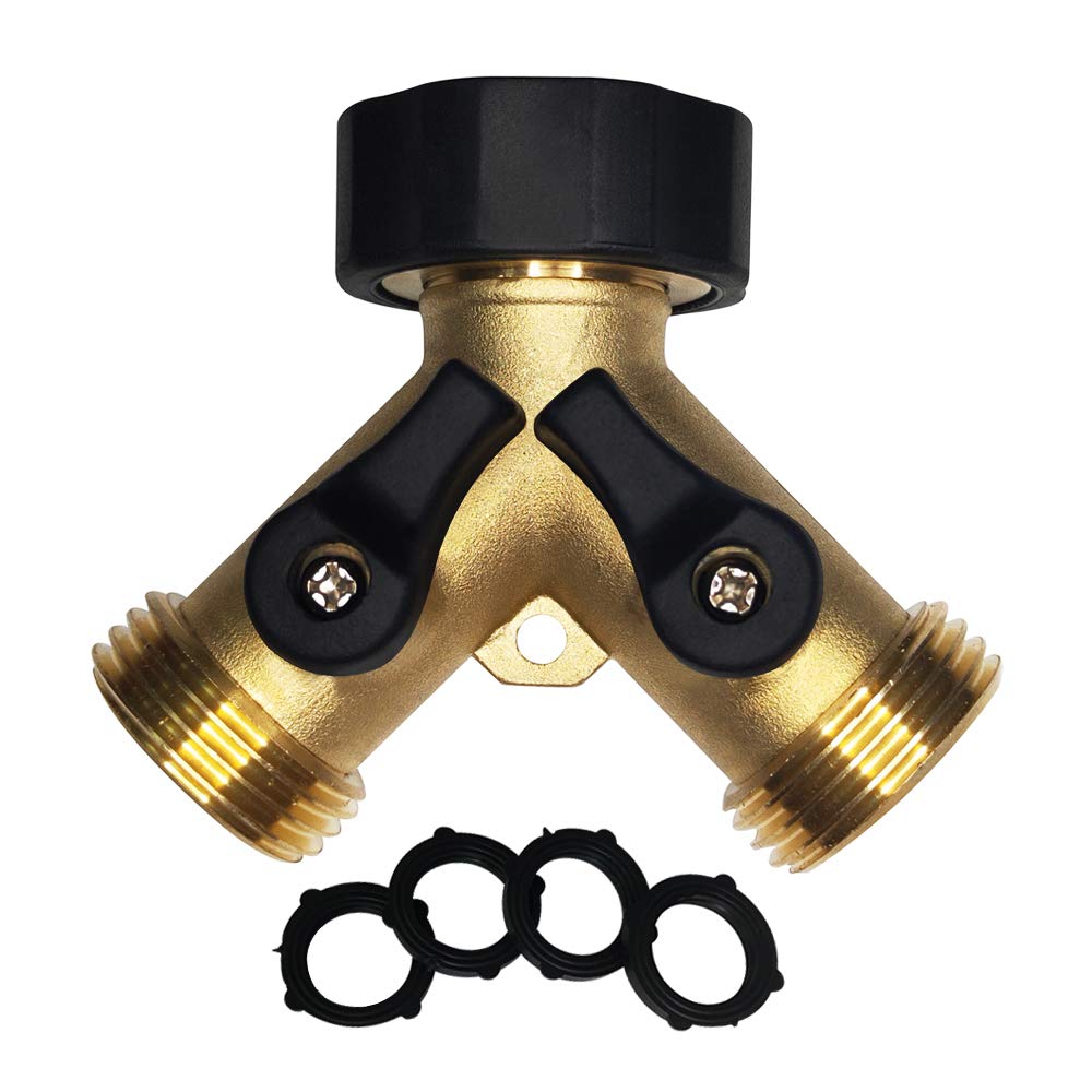 HQMPC Garden Hose Y Valve Hose Splitter Brass Hose Splitter With Stainless Steel Long Handle Brass Y Valve Water Garden Hose Adapter 2 Way Y Valve 3/4" GHT Thread