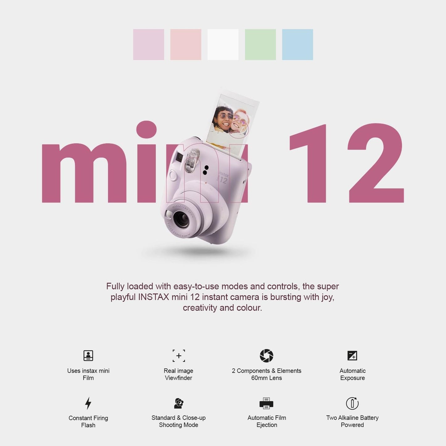 Fujifilm Instax Mini 12 Instant Camera + MiniMate Accessory Bundle & Compatible Custom Case + Fuji Instax Film Value Pack (50 Sheets) Flamingo Designer Photo Album (Pastel Blue)