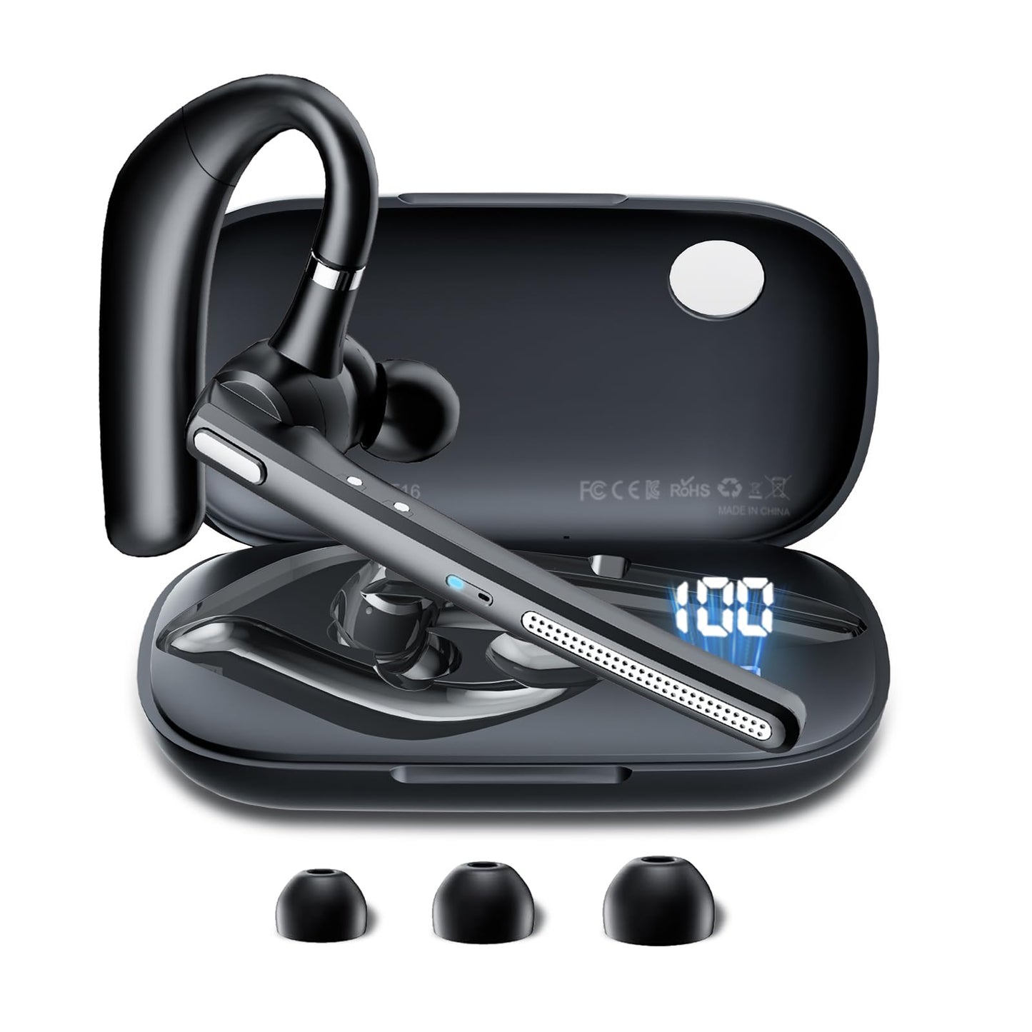 COTOE Bluetooth Headset V5.3, Wireless Earpiece with 500mAh Charging Case Hand-Free Headphones Noise Canceling Mic for Office/Driving/Business