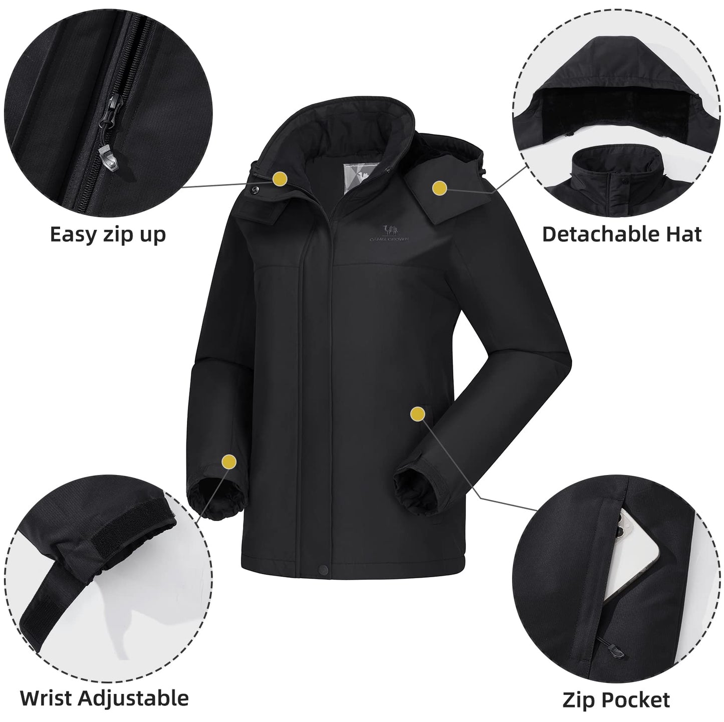 CAMEL CROWN Women's Ski Jacket Thicken Winter Snow Coat Warm Fleece Mountain Waterproof Female Jacket Hooded Windbreaker