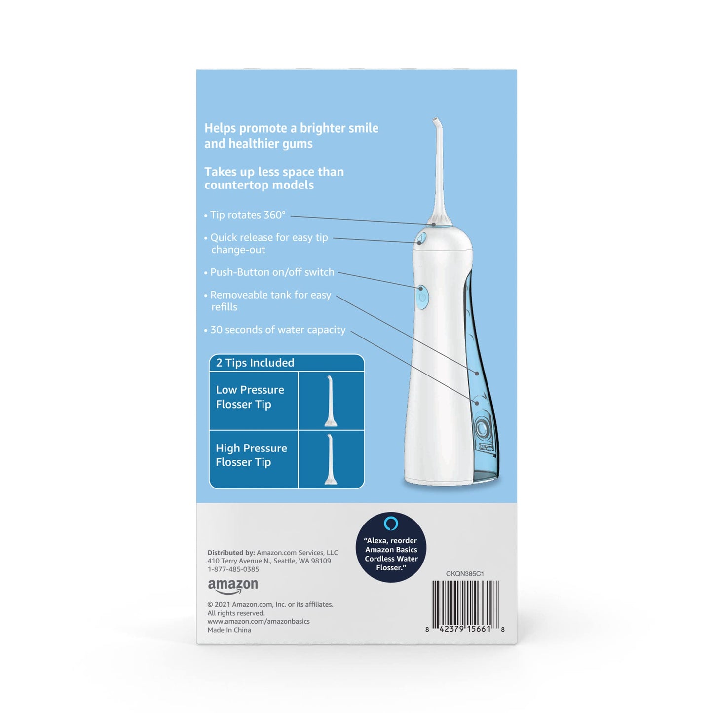 Amazon Basics HydroClean Portable Cordless Water Flosser for Teeth and Gums, 2 Pressure Tips, Removable Tank, 30 Seconds Water Capacity, 2 AA Batteries Included