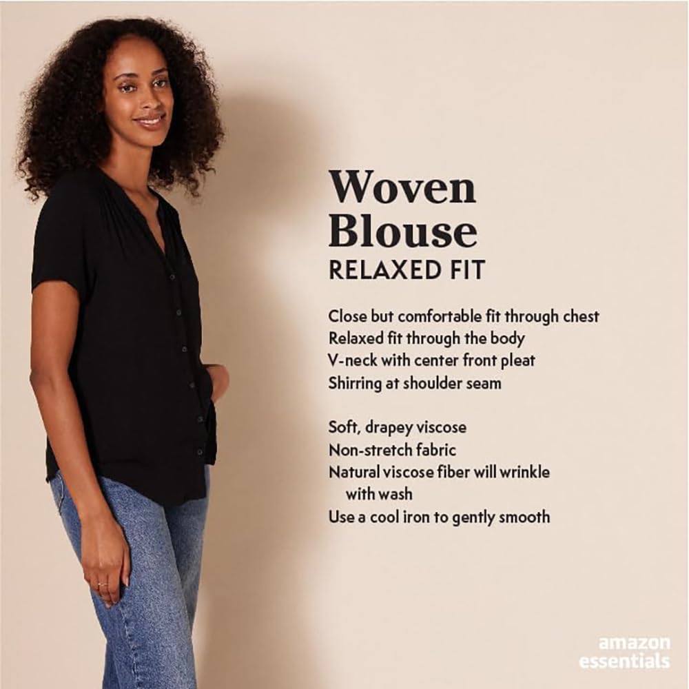 Amazon Essentials Women's Relaxed-Fit V Neck Short-Sleeve Woven Blouse, Business Casual