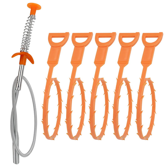 Amazon Basics Drain Clog Remover Tool, 6 Pack with 5 Plastic and 1 Stainless Steel Drain Snakes, Hair Unclogger for Toilet, Kitchen Sink, Bathroom Tub, Shower, Sewer