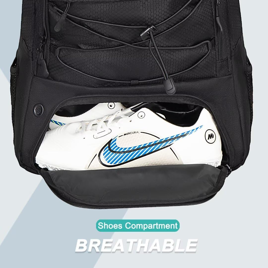DAFISKY Youth Soccer Backpack - Soccer Bag with Shoes and Ball Compartment Sports Bag for Basketball Volleyball Football, Black
