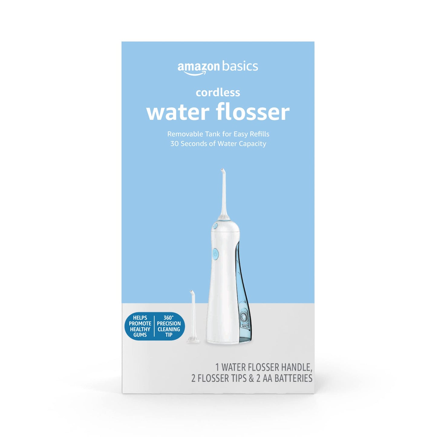 Amazon Basics HydroClean Portable Cordless Water Flosser for Teeth and Gums, 2 Pressure Tips, Removable Tank, 30 Seconds Water Capacity, 2 AA Batteries Included