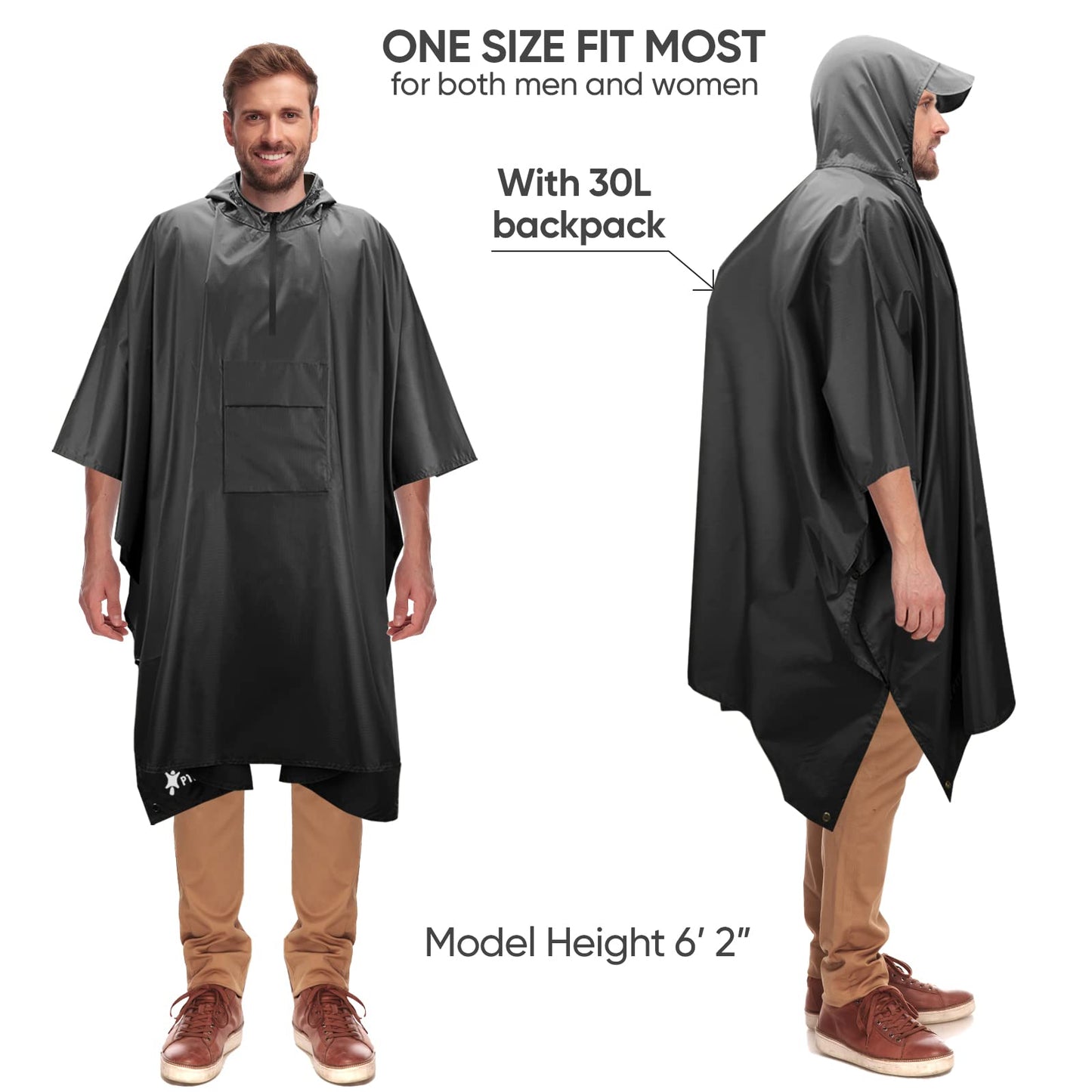 PTEROMY Hooded Rain Poncho for Adult with Pocket, Waterproof Lightweight Unisex Raincoat for Hiking Camping Emergency
